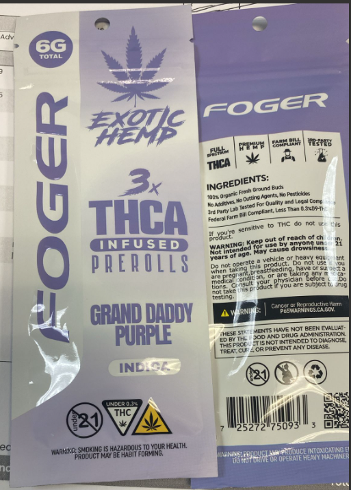 FOGER EXOTIC HEMP PROLL GRNDADY PRPL INDICA 6G