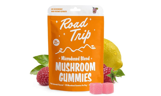 ROAD TRIP MICRODOS MSHRM GUMY POUCH PNK LMNAD 70G|721750374776|Pack Of|6